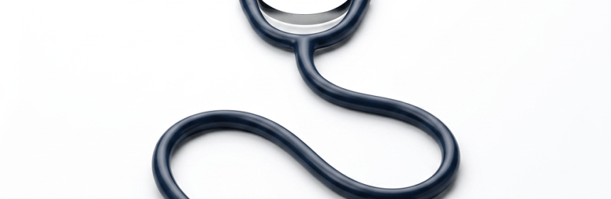 Stethoscope with dark blue tubing and metallic chest piece on a white background