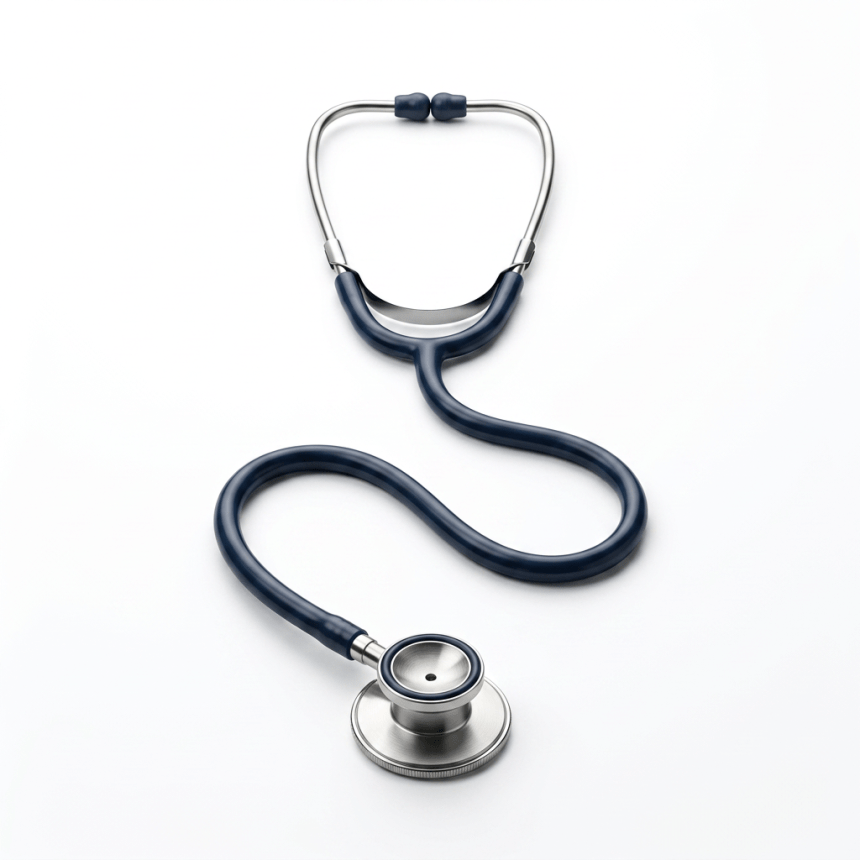 Stethoscope with dark blue tubing and metallic chest piece on a white background